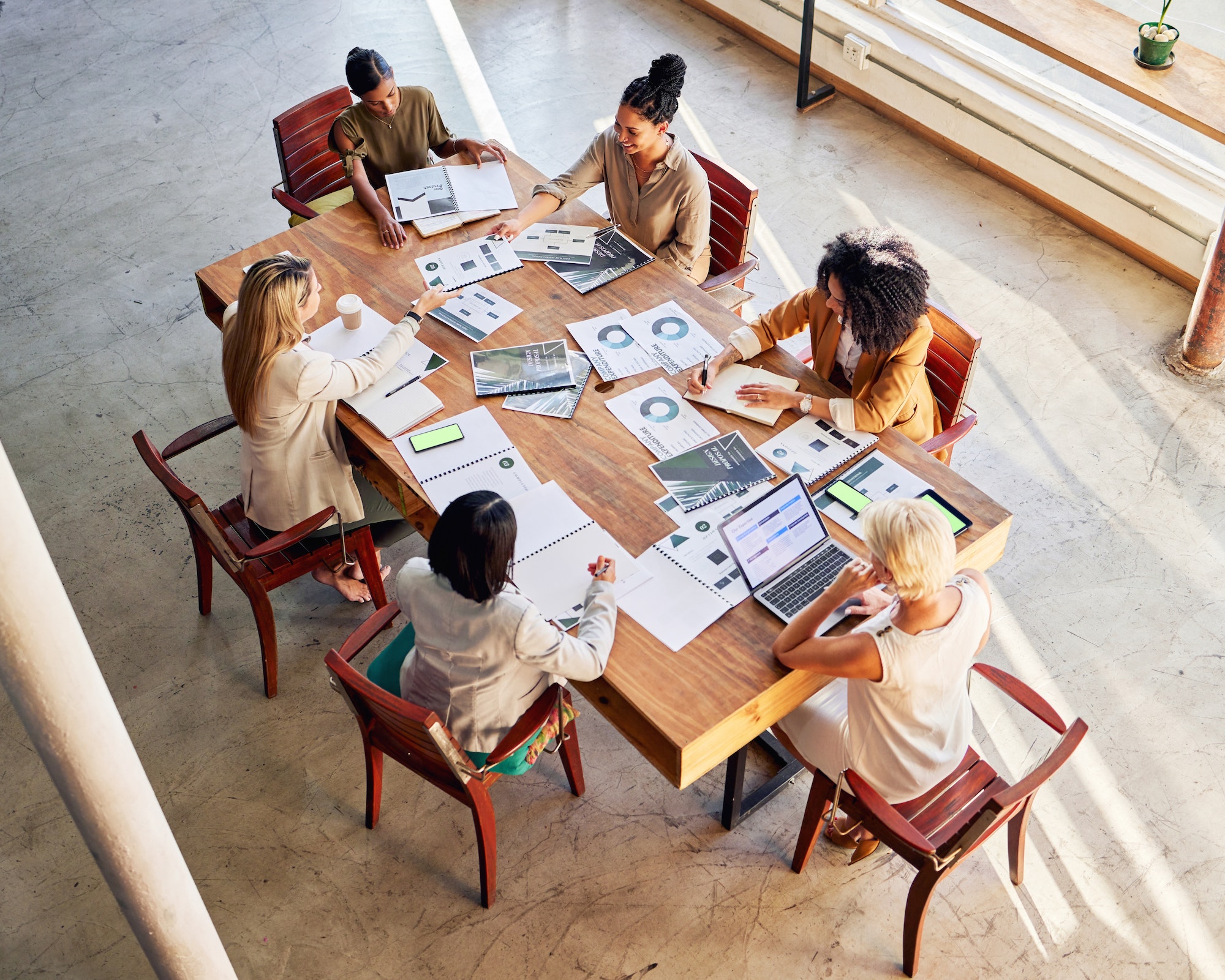 Business meeting, planning and people above with digital marketing strategy, data analytics and gra